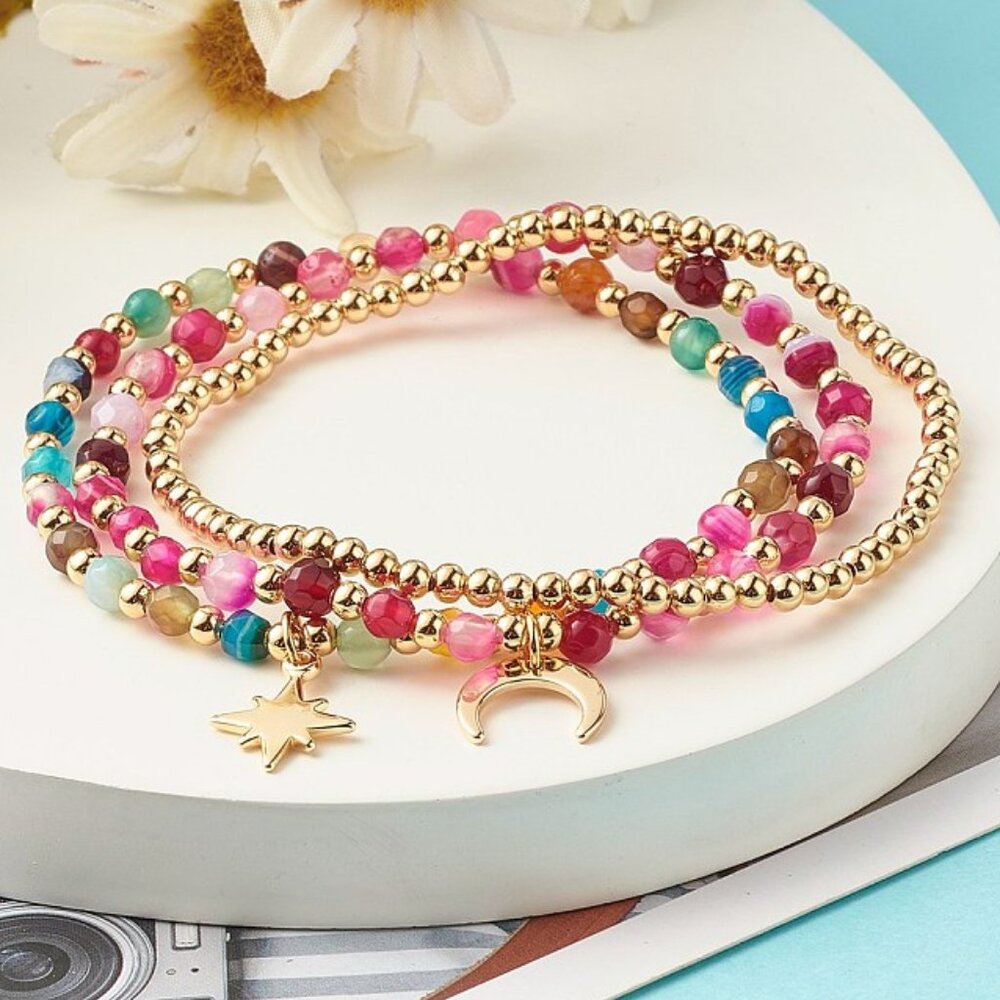Colorful natural agate Stretch Bracelet 3pc Set, Moon Star Gemstones Stack